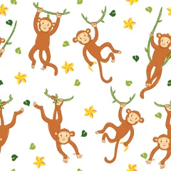 Rolgordijnen Aap Naadloze patroon met apen op wijnstokken en met bloemen op een witte achtergrond. vectorafbeeldingen