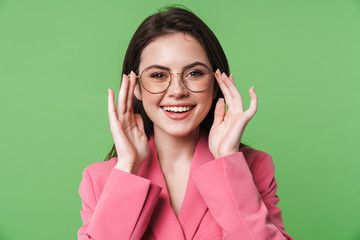 Image of happy young woman smiling and holding eyeglasses