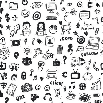 Hand drawn Social Media, digital marketing, internet network seamless pattern. Doodle and sketch style icons.