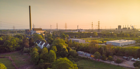 An aerial view on Essen Karnap during sunset