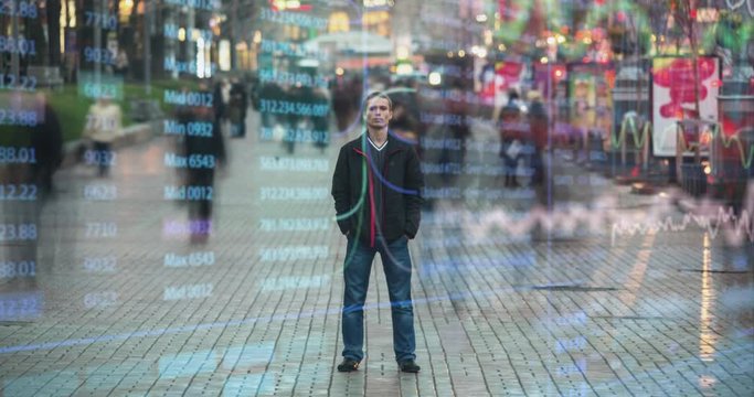 The young man stands on crowdy street on a holographic background. time lapse