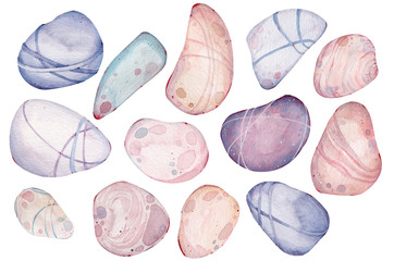 Collection of watercolor sea stones. Hand-drawn llustration of colorful pebble.