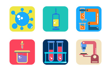 Icon set of healthcare equipment laboratory and Covid-19-Virus, microscope, Syringe, experiment and vaccine