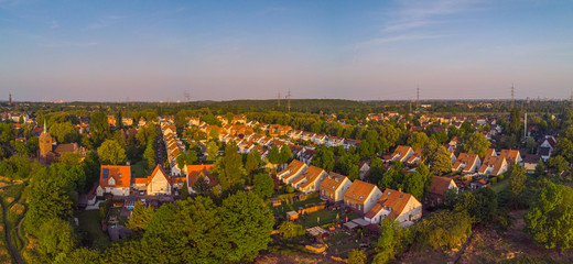 An aerial view on Essen Karnap during sunset