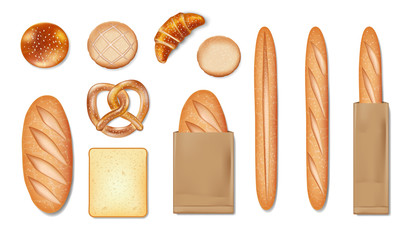 Realistic set of food cracker, bread, pretzel, croissant, bagel, french baguette, snack, cookie, bun, sliced bread, croissant. Bakery products icons Isolated on white. Vector illustration