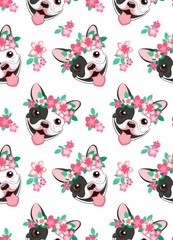 Seamless vector pattern with funny black and white french bulldog with pink flowers. Wallpaper with a beautiful puppy and delicate floweris isolated.on white background. children's print illustration