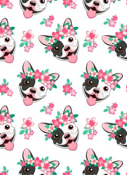 Seamless vector pattern with funny black and white french bulldog with pink flowers. Wallpaper with a beautiful puppy and delicate floweris isolated.on white background. children's print illustration