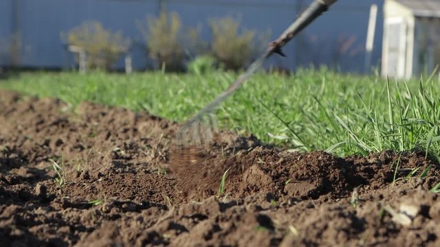 A close-up shows how a rake levels the soil. In the background is green grass. Fertile land is preparing for growing crops. The camera moves from right to left. Soft daylight. UHD.