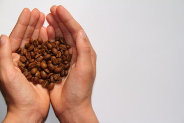 handful of coffee beans on a white background