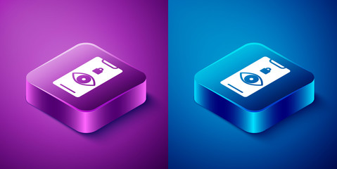 Isometric Eye scan icon isolated on blue and purple background. Scanning eye. Security check symbol. Cyber eye sign. Square button. Vector Illustration