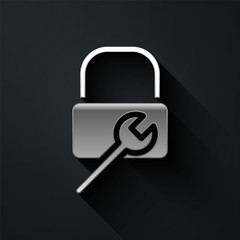 Silver Lock repair icon isolated on black background. Padlock sign. Security, safety, protection, privacy concept. Long shadow style. Vector Illustration