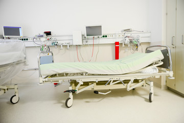Intensive care unit with monitors prepared to receive corona, covid patient