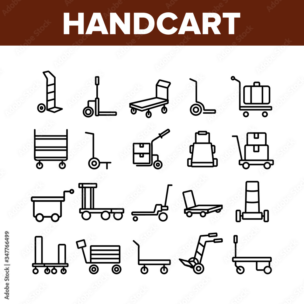 Poster handcart transport collection icons set vector. cargo handcart for transportation and delivery box a