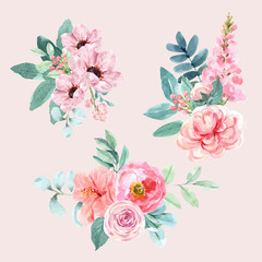 Floral charming bouquet design with watercolor painting of leaves, anemone illustration.