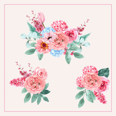 Vintage style floral charming bouquet design with hydrangea, tulip, lupines illustration.