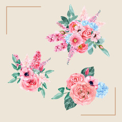 Retro style floral charming bouquet design with vintage watercolor flower illustration.
