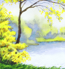 Watercolor landscape. Lake in the autumn forest