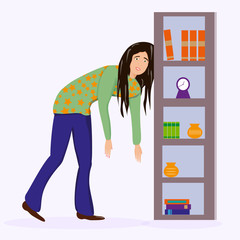 Flat vector character illustration. Tired woman, sleepy mood, weak health, mental exhausted, vector flat illustration. Woman with low energy battery.