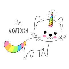 Vector illustration of a little cute white cat unicorn or caticorn . Can be used as greeting card, sticker, kids t-shirt design, print or poster