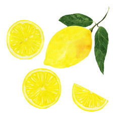 Yellow set of lemon whole and sliced isolated on white background. Watercolor hand drawing illustration for healthy food, vitamin, fresh organic citrus fruit. Perfect for card, print. Clip art.
