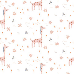 Cute cartoon giraffe vector seamless pattern. Hand drawn nursery decor animal.