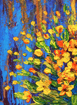 Oil painting. Still life of lush bouquet of bright yellow flowers in a dark blue vase
