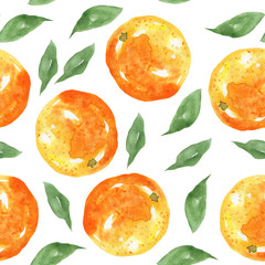 Seamless pattern of orange fruit and leaves on white colored background. Watercolor hand drawn cute illustration for wallpaper, print, poster, textile, wrapping, fabric. Summer kawaii design.