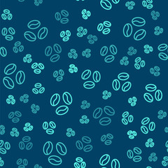 Green line Coffee beans icon isolated seamless pattern on blue background.  Vector Illustration
