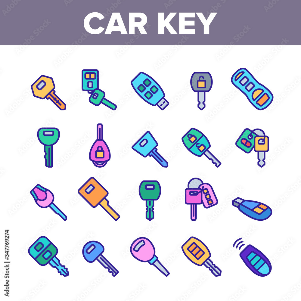 Poster car key equipment collection icons set vector. car key device different style, with buttons and trin