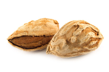 Close-up of two almonds, isolated on white background