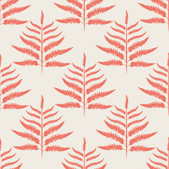 Fern vector seamless pattern background. Modern forest plant frond coral white backdrop. Damask style hand drawn geometric botanical foliage illustration All over print for nature health concept