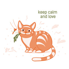 Vector illustration, a cartoon cute sitting red cat with a flower in its mouth on a white background with dots and plants.