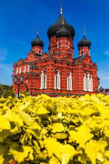 Fototapeta premium Russia, Tula region, Tula, Assumption Cathedral. Beautiful orange orthodox temple.