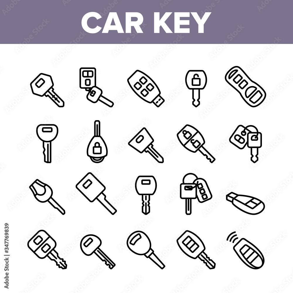 Poster car key equipment collection icons set vector. car key device different style, with buttons and trin