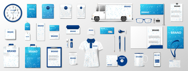 Corporate identity template design. Blue and white Business Stationery mockup for your brand. Realistic Stationery and brochure, van, brochure, mug for your brand. Vector