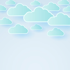 Cloudscape, blue sky with clouds, copy space, paper art style