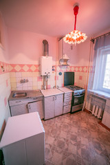 Old apartment view from inside, interior, retro style, old kitchen