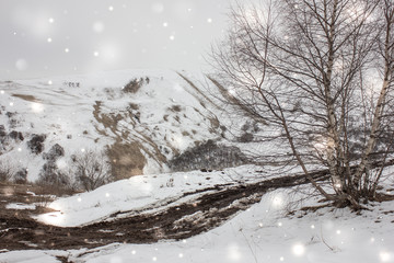 Snow-capped mountains. The first snow in the mountains.
