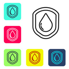 Black line Waterproof icon isolated on white background. Water resistant or liquid protection concept. Set icons in color square buttons. Vector Illustration