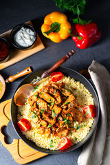 rustic bulgur pans with gratinated gyros and yoghurt