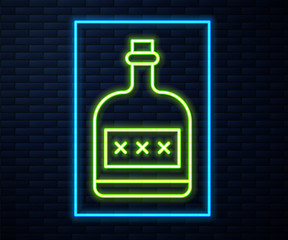 Glowing neon line Alcohol drink Rum bottle icon isolated on brick wall background.  Vector Illustration