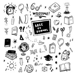 Back to school doodles set, hand drawn icons collection