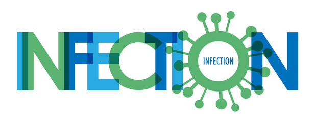 INFECTION blue and green vector typography banner with virus symbol © Web Buttons Inc