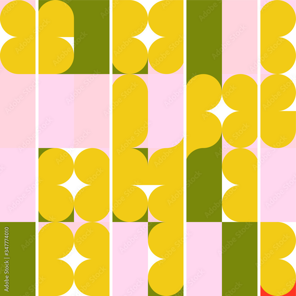 Poster 
Modern vector abstract seamless geometric pattern with semicircles, circles ,squares and lines in retro scandinavian style. Illustration with geometric figures. Design background for invitation, web 