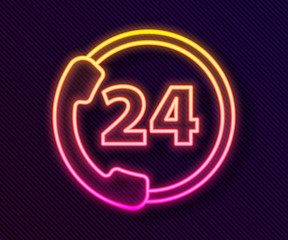 Glowing neon line Telephone 24 hours support icon isolated on black background. All-day customer support call-center. Full time call services.  Vector Illustration