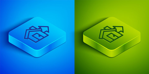 Isometric line Sale house icon isolated on blue and green background. Buy house concept. Home loan concept, rent, buying a property. Square button. Vector Illustration