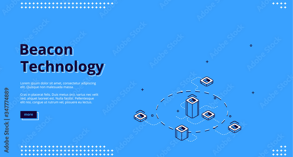 Poster beacon technology isometric web banner with abstract elements connected with dotted lines. internet 
