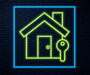 Glowing neon line House with key icon isolated on brick wall background. The concept of the house turnkey.  Vector Illustration