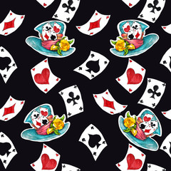 Alice in Wonderland cute watercolor objects set seamless pattern 