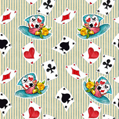 Alice in Wonderland cute watercolor objects set seamless pattern 